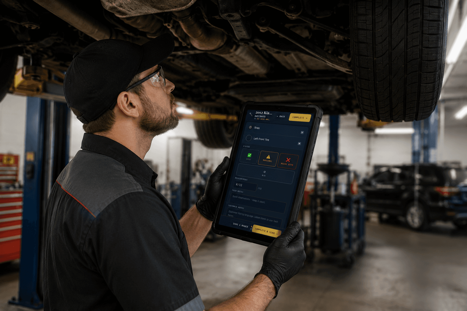 Technician performing digital vehicle inspection